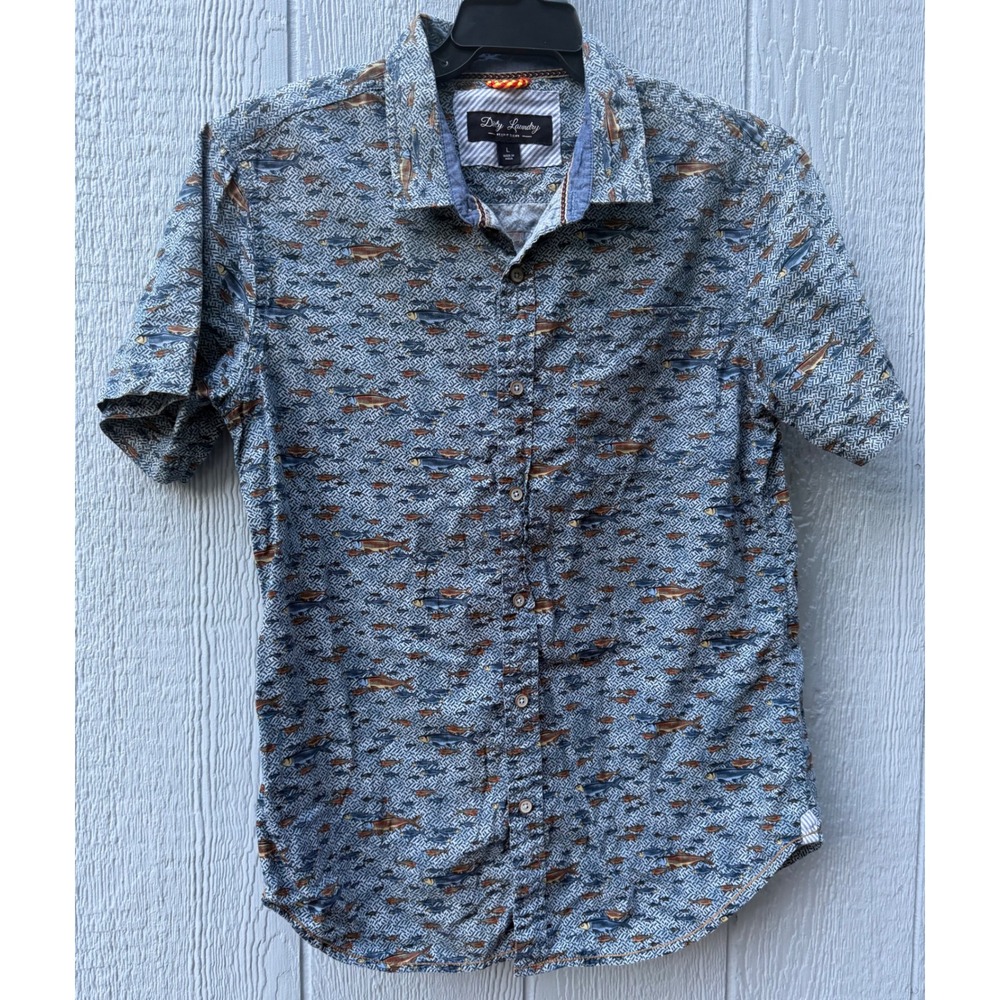 Dirty Laundry Mens Large Blue Fish Print Short Sleeve Button Down Shirt Summer